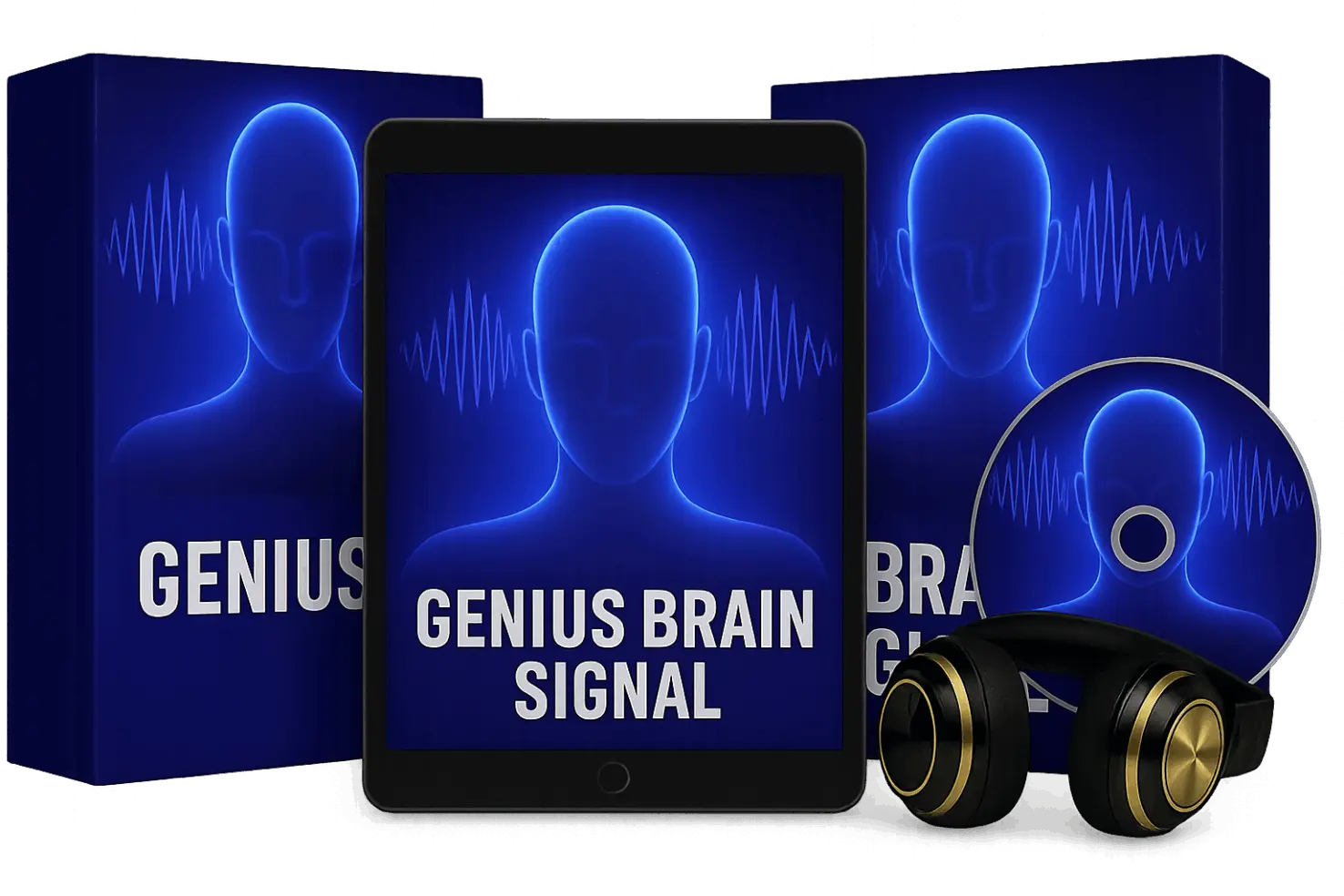 Ikaria Lean Belly Juice Genius Brain Signal digital program boxes, tablet display, and headphones for cognitive training